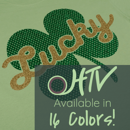 The store image for GlitterFlex® Ultra Perf- it shows a four leaf clover with the word "Lucky" and advertises there are 16 colors of GlitterFlex® Ultra Perf HTV