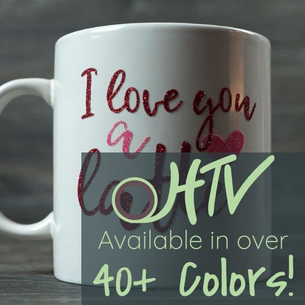 The store image for Pressure Sensitive GlitterFlex® Ultra- it shows a mug that reads "I love you a latte" and advertises there are over 40 colors of Pressure Sensitive GlitterFlex® Ultra PSV