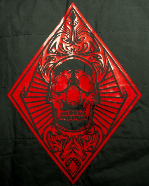 A skull on a jacket made in Glossy Red ThermoFlex® Plus Glossy HTV