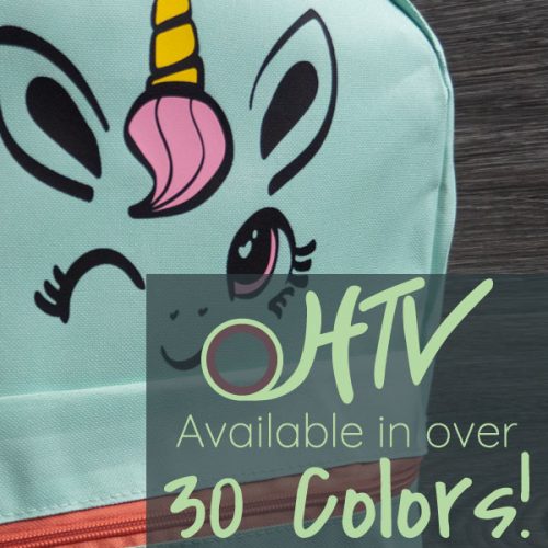 The store image for ThermoFlex® Turbo- it shows a backpack with a unicorn face and advertises there are over 30 colors of ThermoFlex® Turbo HTV