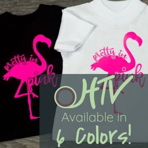 The store image for ThermoFlex® Plus Neons- it shows a flamingo shirt that reads "pretty in pink" and advertises there are 6 colors of ThermoFlex® Plus Neons HTV