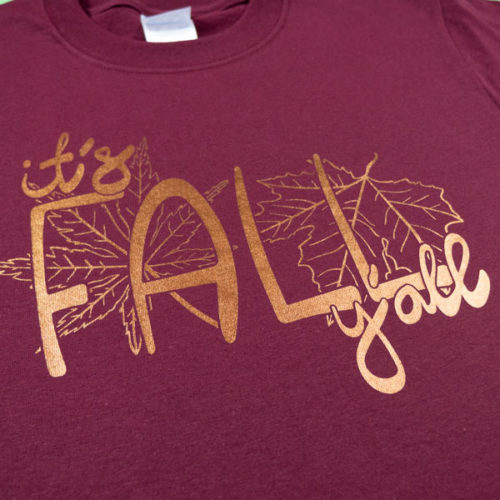 A shirt pressed with Copper DecoFilm® Soft Metallics in our It's Fall Y'all cut file