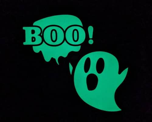 A ghost with the words "Boo!' created in White LuminousFlex™ glowing in the dark