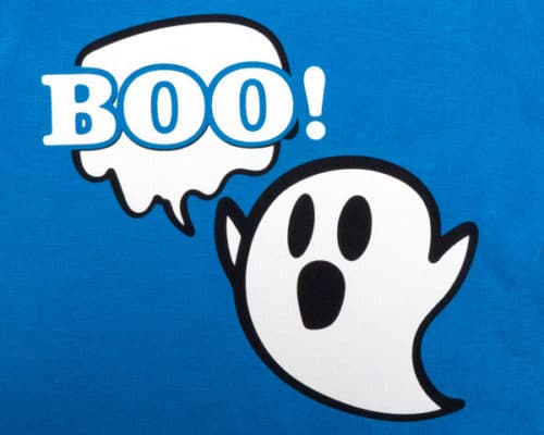 A ghost with the words "Boo!' created in White LuminousFlex™ and Black ThermoFlex Plus in the light