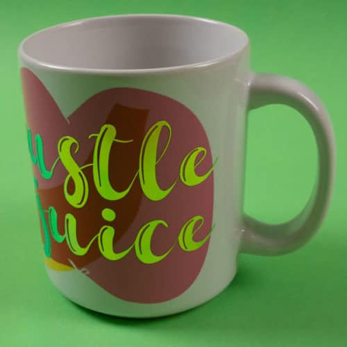 A mug with the words "hustle juice" in Bright Green Chameleon SpecialtyPSV™