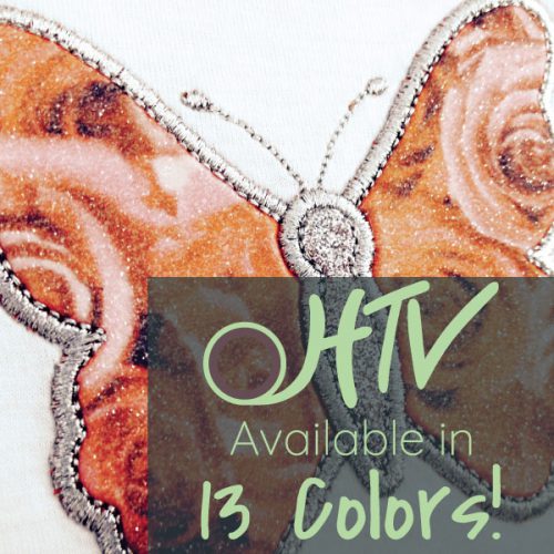 The store image for Embroidery Glitter™ - it shows a close up of an embroidered, sublimated butterfly and advertises there are 13 colors of Embroidery Glitter™