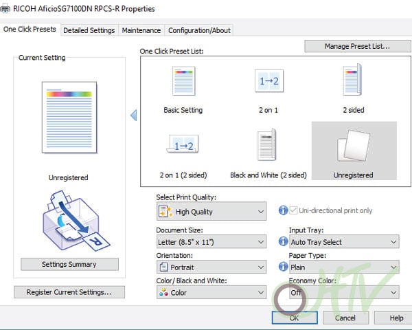 An image showing an example of a print window and how your print settings should be set up