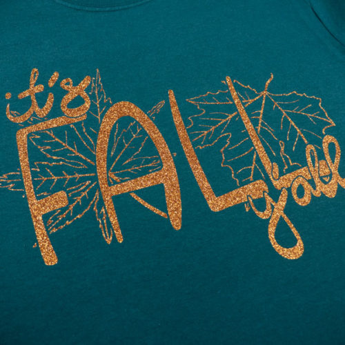 A shirt pressed with Dark Gold GlitterFlex® Ultra in our It's Fall Y'all cut file