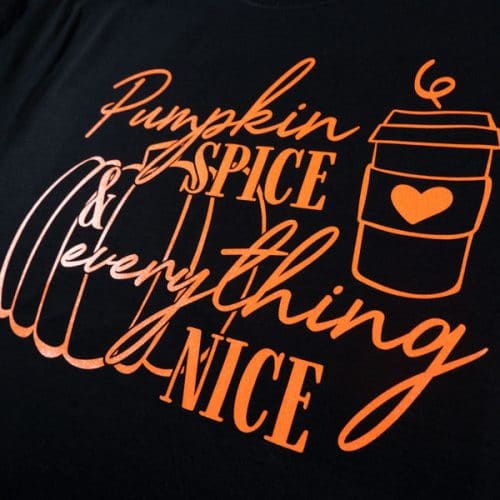 A shirt pressed with Orange ThermoFlex® Plus Metal Flake in our Pumpkin Spice cut file