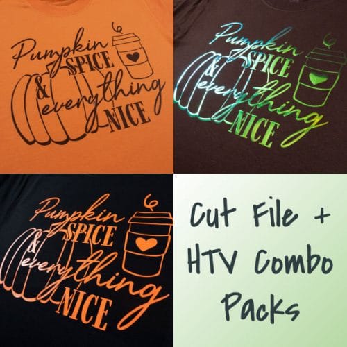 The store image for the Pumpkin Spice combo pack- this cut file is available in PNG, EPS, SVG, and Studio3 formats and has three HTV options.