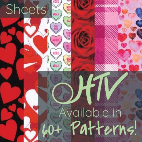 The store image for ThermoFlex® Fashion Patterns Festive Sheets - it shows a variety of Valentine's Day patterns and advertises there are over 60 patterns of ThermoFlex® Fashion Patterns Festive
