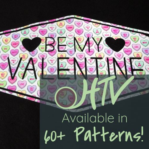 The store image for ThermoFlex® Fashion Patterns Festive - it shows a design that ready Be My Valentine in Candy Hearts and advertises there are over 60 patterns of ThermoFlex® Fashion Patterns Festive