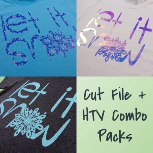 The store image for the Let It Snow combo pack- this cut file is available in PNG, EPS, SVG, and Studio3 formats and has three HTV options.