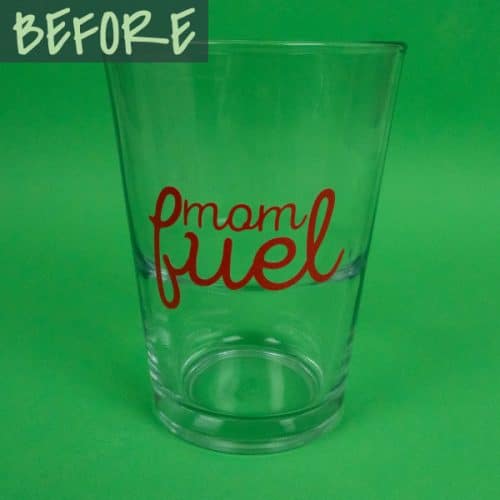 A glass with the words "Mom fuel" on it before the heat changes the color in Hot Rod Color Changing SpecialtyPSV™