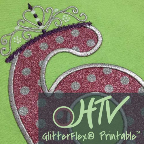 The store image for GlitterFlex® Printable - it shows a sublimated and embroidered piece of GlitterFlex® Printable