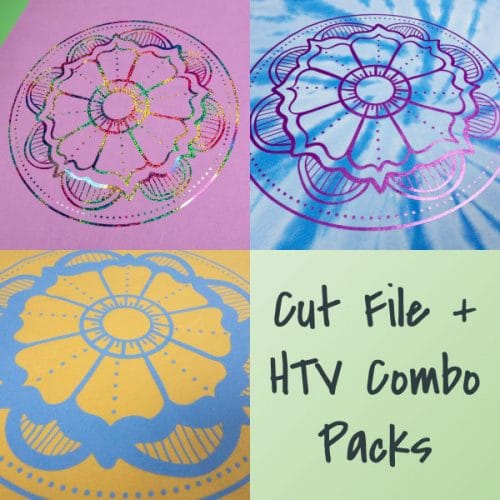 The store image for the Flower Mandala combo pack- this cut file is available in PNG, EPS, SVG, and Studio3 formats and has three HTV options.