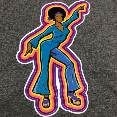 A design of a woman doing disco with a fun, 70s look